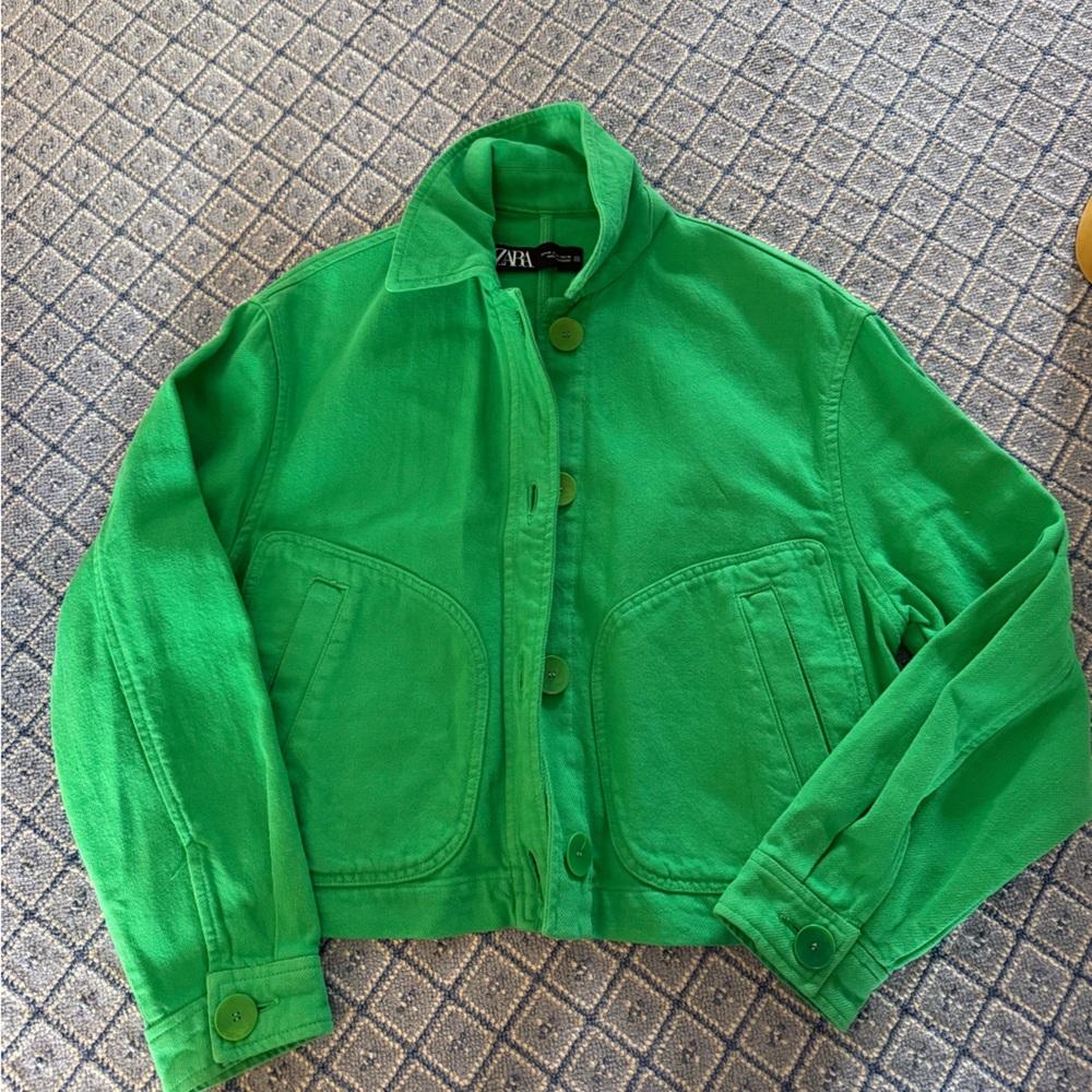 Zara Vibrant Green Kids Denim Jacket with Patch Pockets